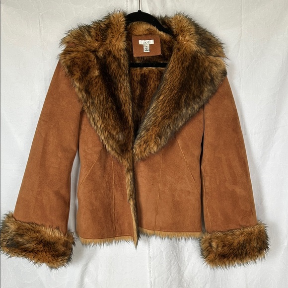 CACHE Y2K Vintage brown faux suede Teddy Jacket Faux Fur Trim Sz S Made in Korea - Picture 1 of 7